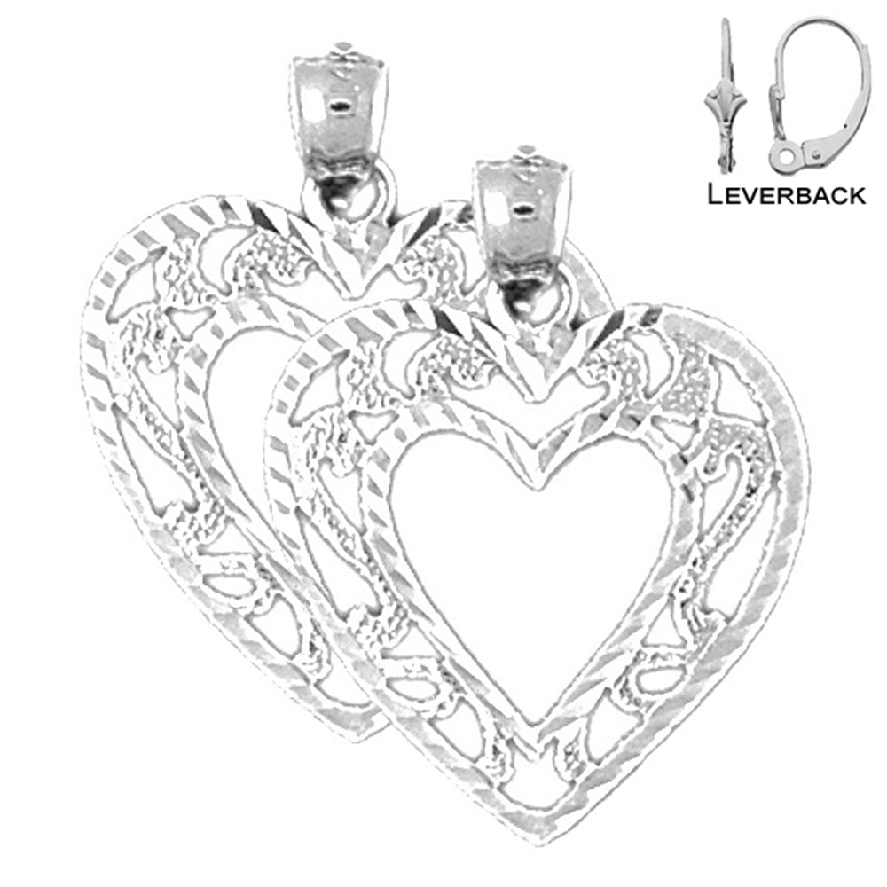 Pendientes de corazón de plata de ley de 25 mm (chapados en oro blanco o amarillo)