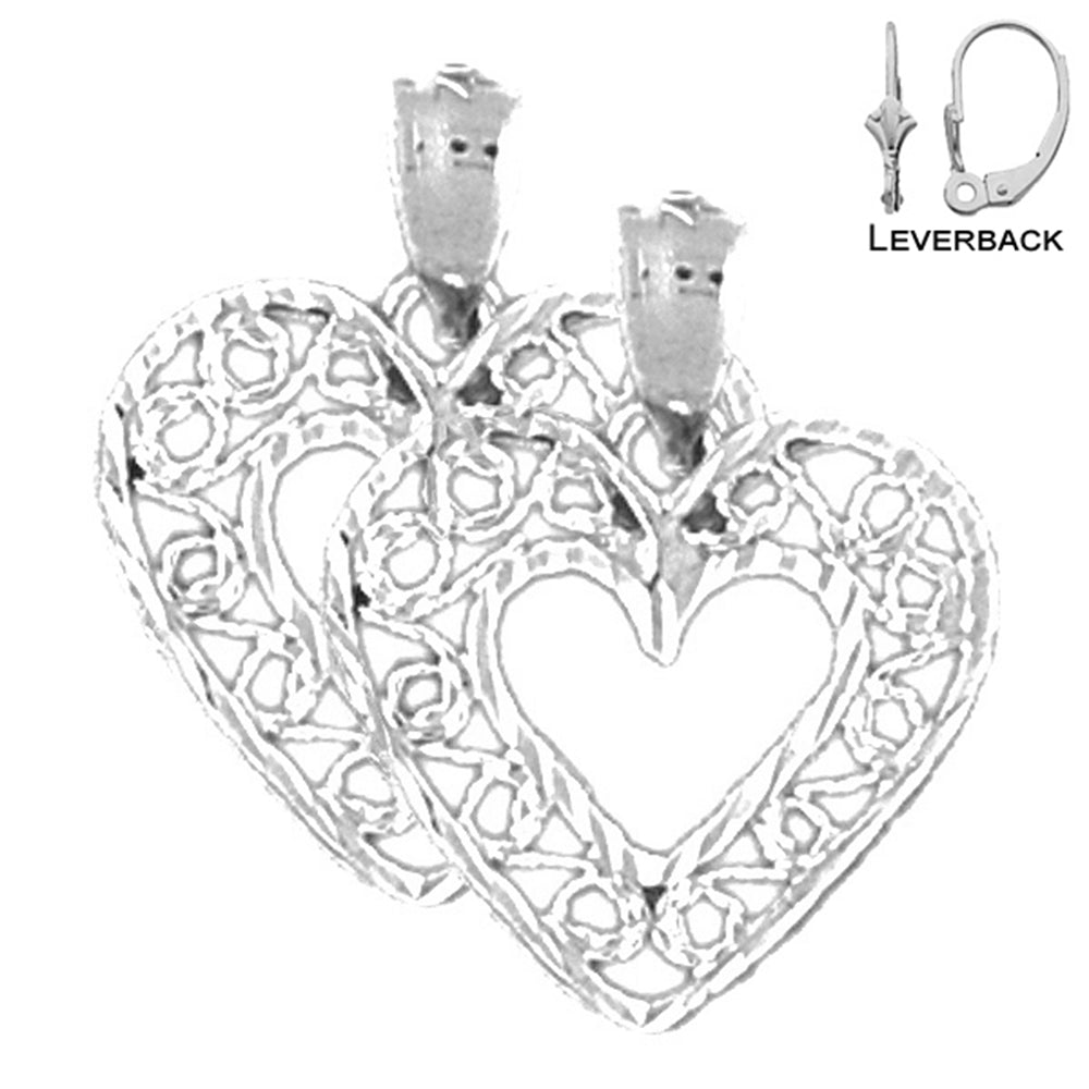 Pendientes de corazón de plata de ley de 21 mm (chapados en oro blanco o amarillo)