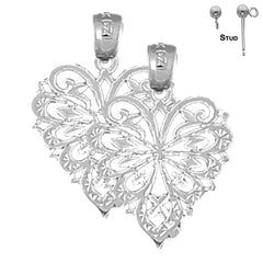 Pendientes de corazón de plata de ley de 24 mm (chapados en oro blanco o amarillo)