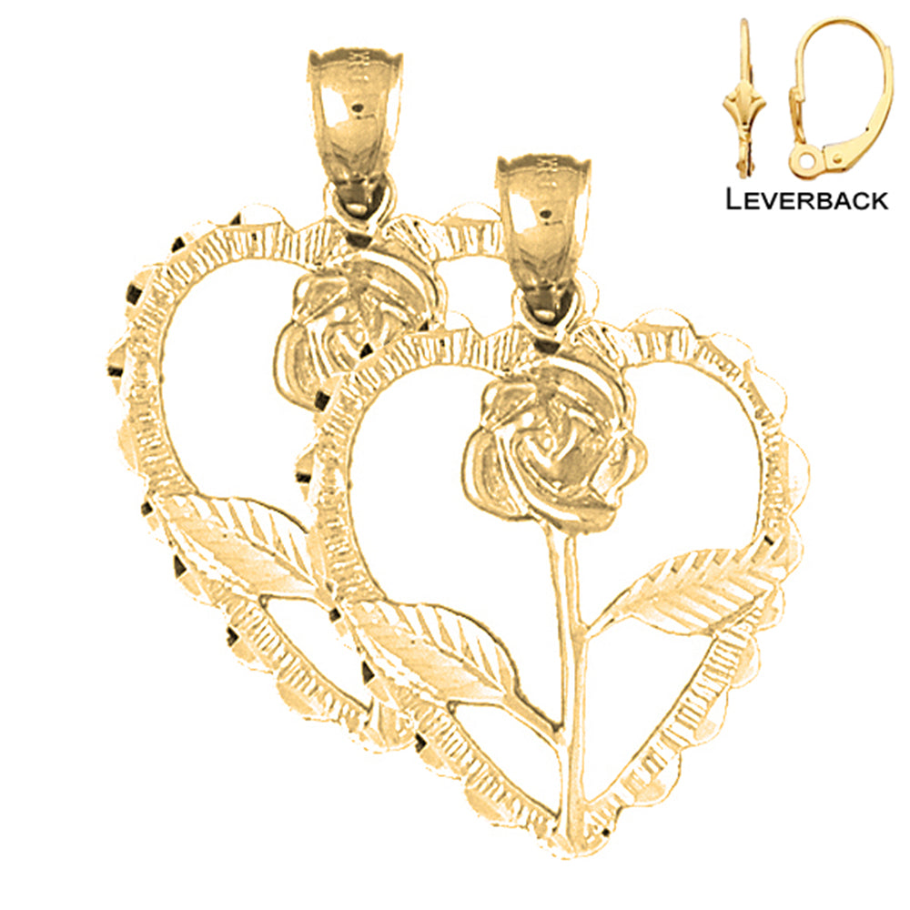 14K or 18K Gold Heart With Rose Earrings