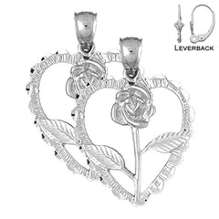 Pendientes de corazón con rosa de plata de ley de 33 mm (chapados en oro blanco o amarillo)