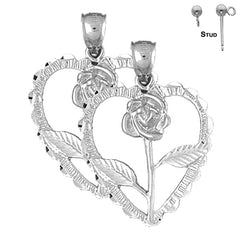 Pendientes de corazón con rosa de plata de ley de 33 mm (chapados en oro blanco o amarillo)