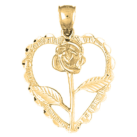 10K, 14K or 18K Gold Heart With Rose Pendant