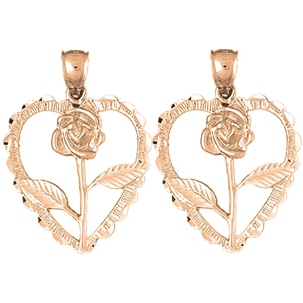 14K or 18K Gold 33mm Heart With Rose Earrings