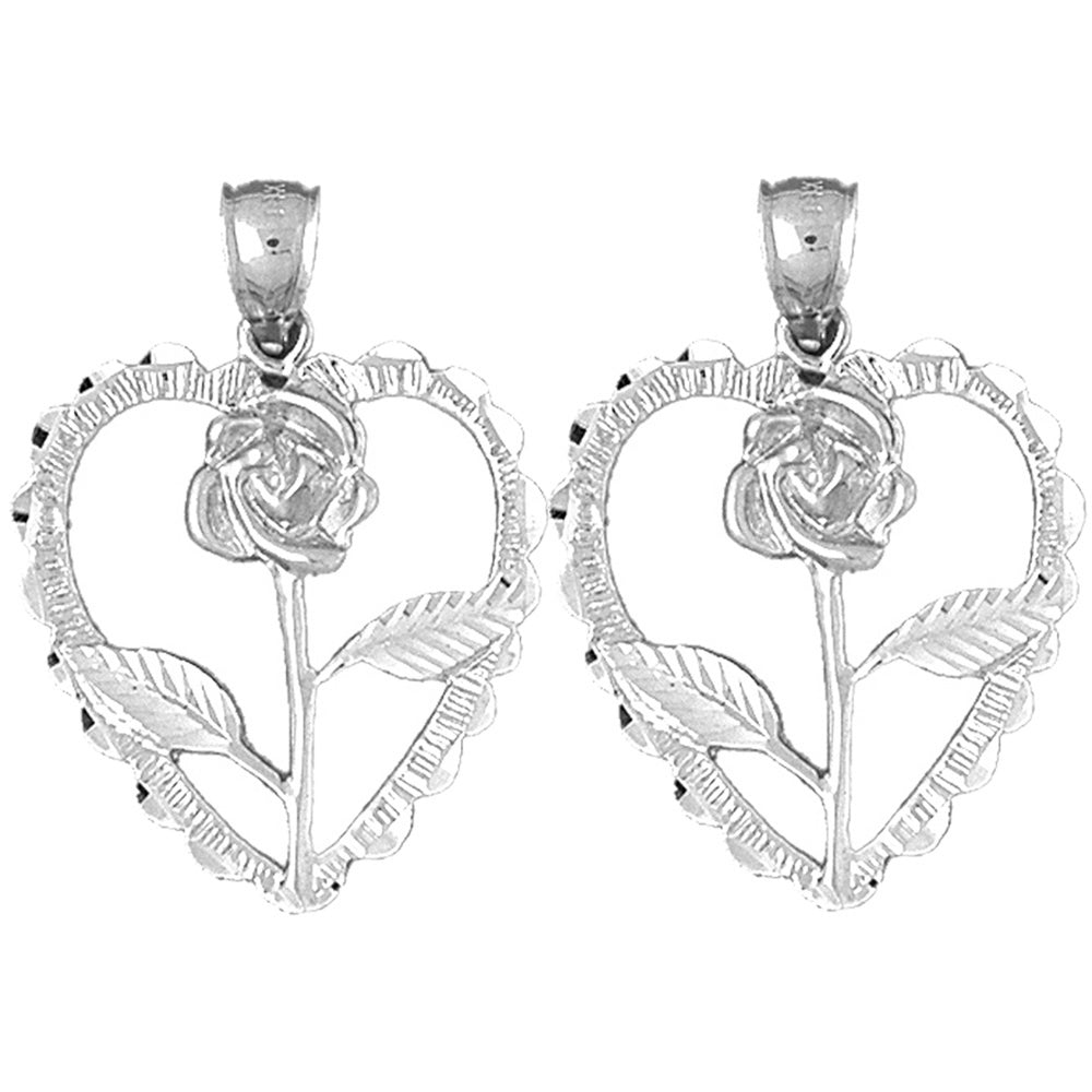 Sterling Silver 33mm Heart With Rose Earrings