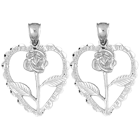 Sterling Silver 33mm Heart With Rose Earrings