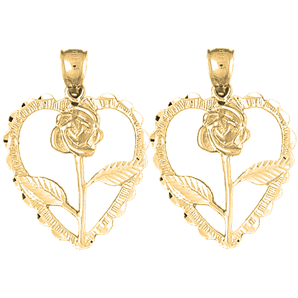 14K or 18K Gold 33mm Heart With Rose Earrings