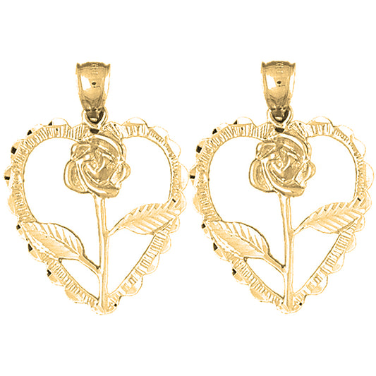 Yellow Gold-plated Silver 33mm Heart With Rose Earrings