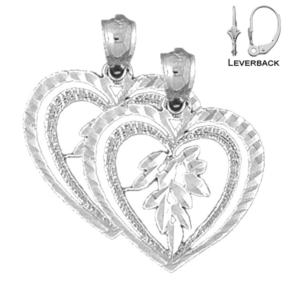 Pendientes de corazón de plata de ley de 23 mm (chapados en oro blanco o amarillo)