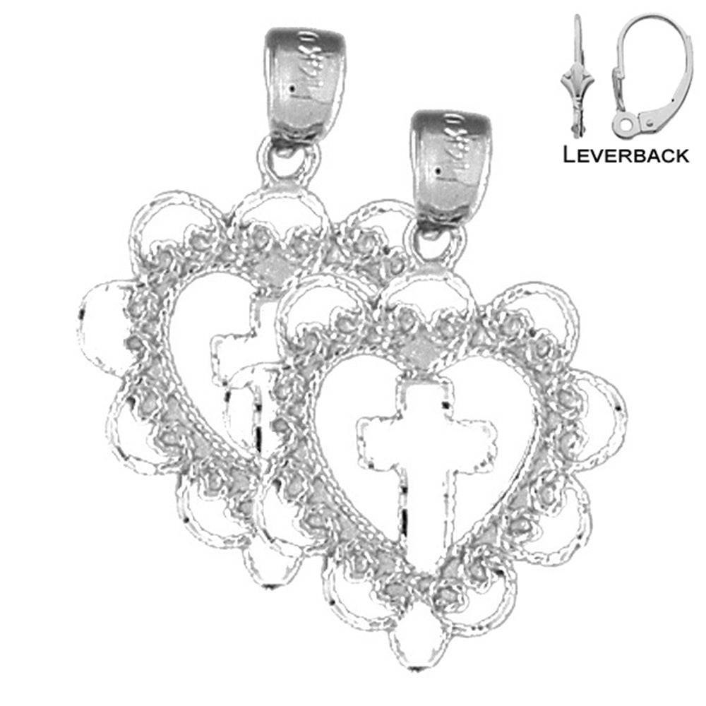 Sterling Silver 26mm Heart With Cross Earrings (White or Yellow Gold Plated)
