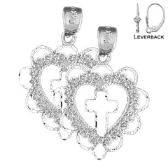 Sterling Silver 26mm Heart With Cross Earrings (White or Yellow Gold Plated)