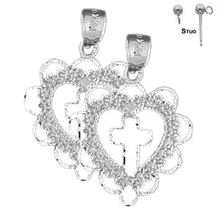 Pendientes de corazón con cruz de plata de ley de 26 mm (chapados en oro blanco o amarillo)