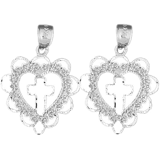 Sterling Silver 26mm Heart With Cross Earrings