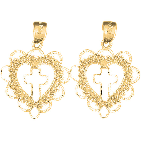 Yellow Gold-plated Silver 26mm Heart With Cross Earrings