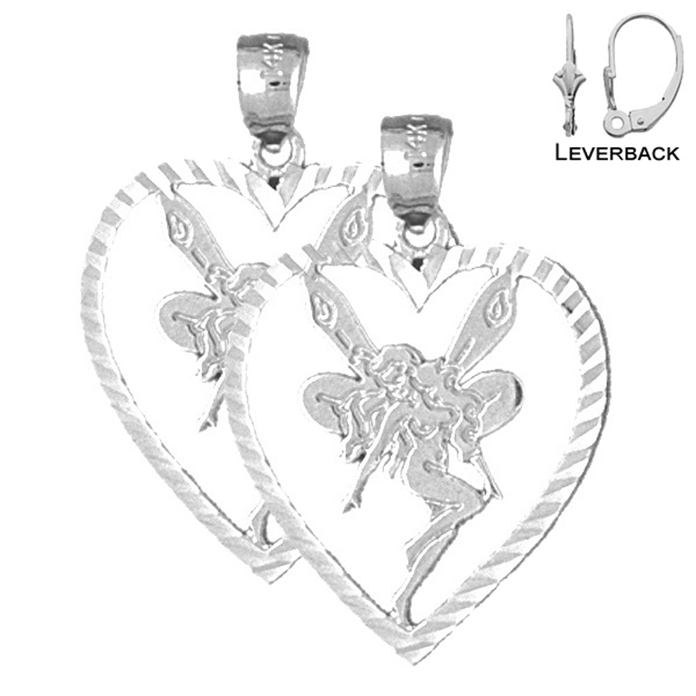Sterling Silver 29mm Heart With Fairy Earrings (White or Yellow Gold Plated)
