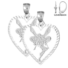 Sterling Silver 29mm Heart With Fairy Earrings (White or Yellow Gold Plated)