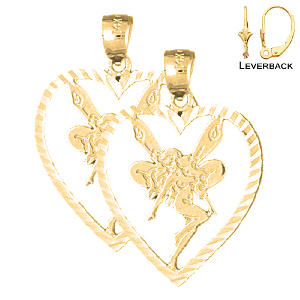 Pendientes de corazón con hadas de oro de 14 quilates o 18 quilates de 29 mm