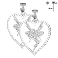 Sterling Silver 29mm Heart With Fairy Earrings (White or Yellow Gold Plated)