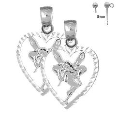 Pendientes de corazón con hada de plata de ley de 21 mm (chapados en oro blanco o amarillo)