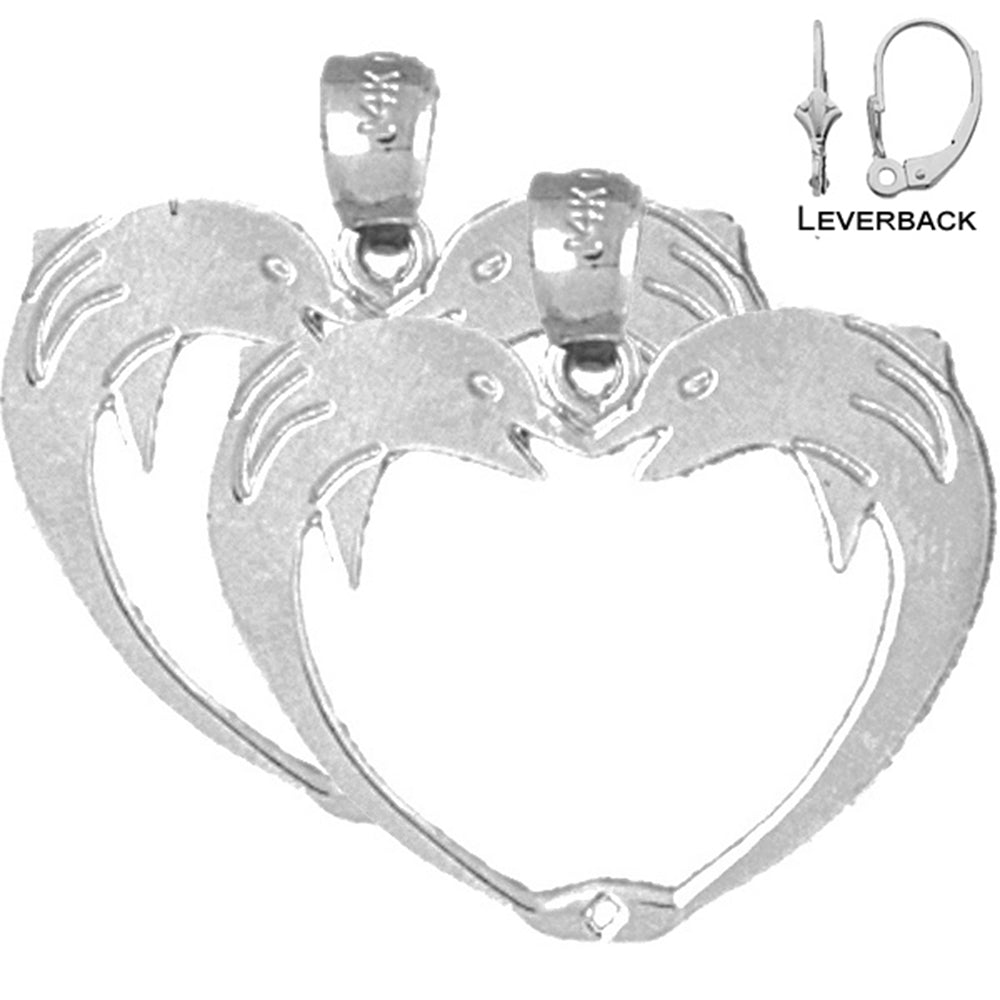 Sterling Silver 23mm Dolphin Heart Earrings (White or Yellow Gold Plated)