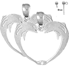 Sterling Silver 23mm Dolphin Heart Earrings (White or Yellow Gold Plated)