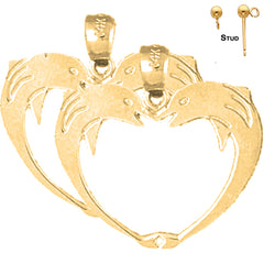 Sterling Silver 23mm Dolphin Heart Earrings (White or Yellow Gold Plated)