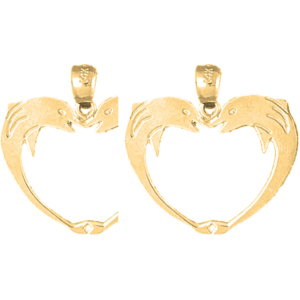 Yellow Gold-plated Silver 23mm Dolphin Heart Earrings