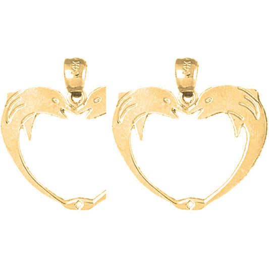 14K or 18K Gold 23mm Dolphin Heart Earrings