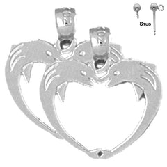 Sterling Silver 18mm Dolphin Heart Earrings (White or Yellow Gold Plated)