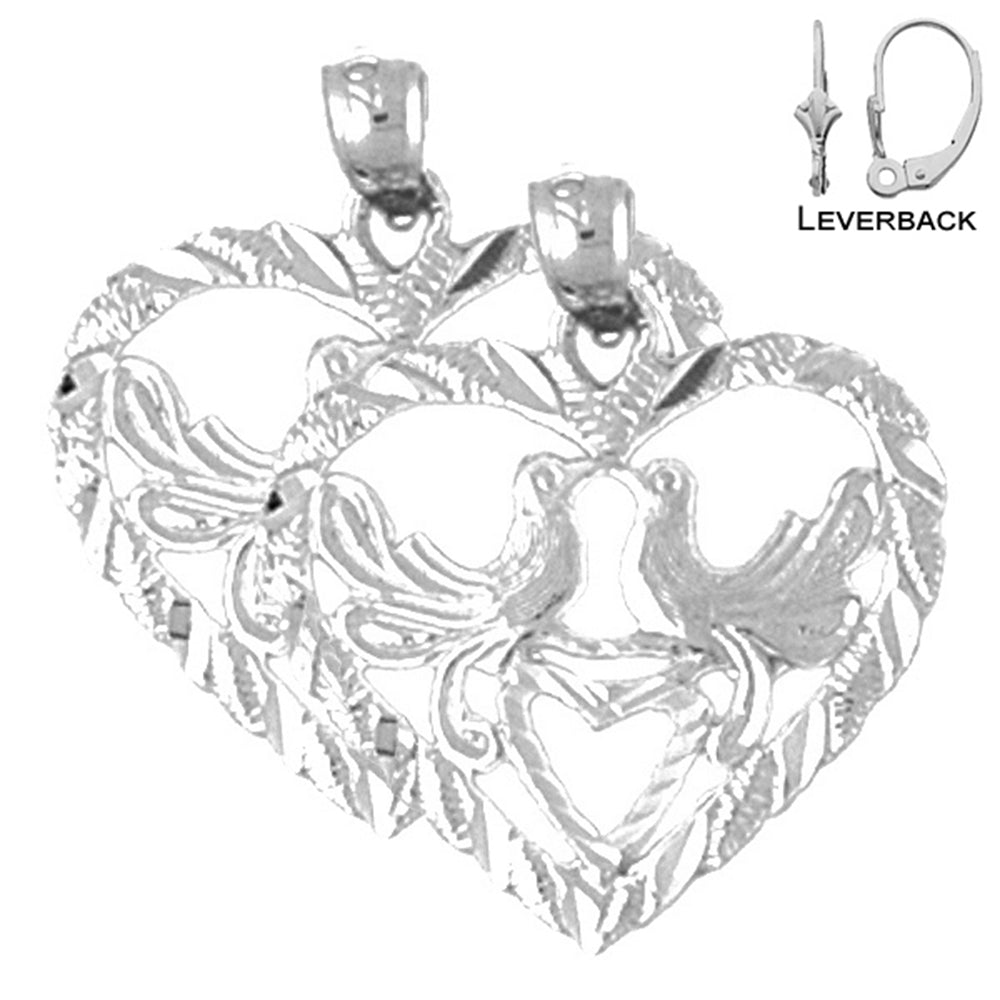 Sterling Silver 24mm Heart With Lovebirds Earrings (White or Yellow Gold Plated)