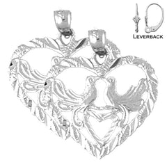 Sterling Silver 24mm Heart With Lovebirds Earrings (White or Yellow Gold Plated)