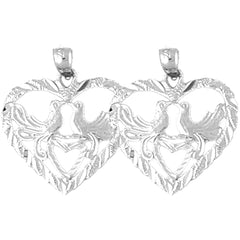 Sterling Silver 24mm Heart With Lovebirds Earrings