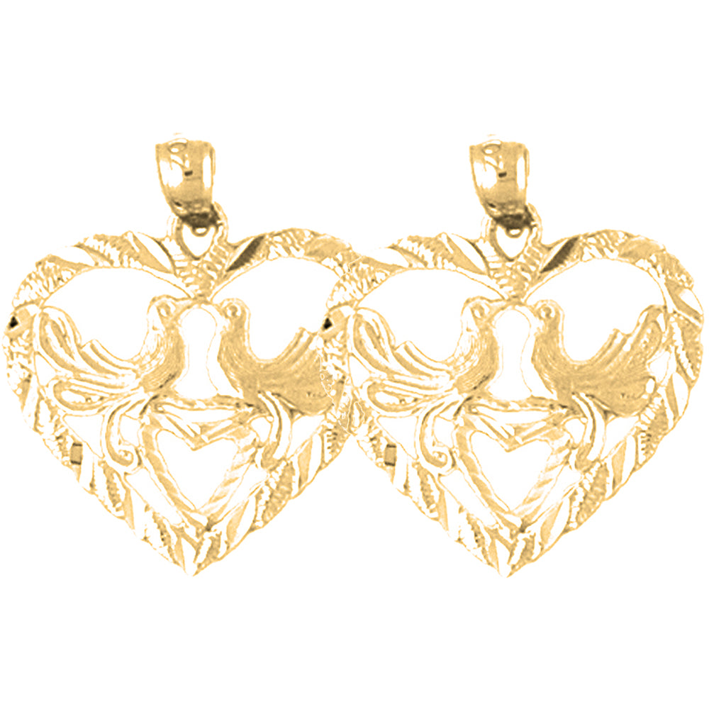 Yellow Gold-plated Silver 24mm Heart With Lovebirds Earrings