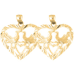 Yellow Gold-plated Silver 24mm Heart With Lovebirds Earrings