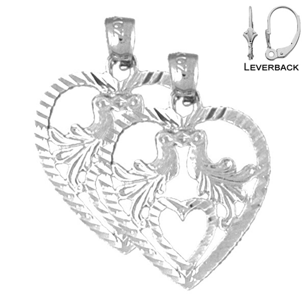 Sterling Silver 25mm Heart With Lovebirds Earrings (White or Yellow Gold Plated)