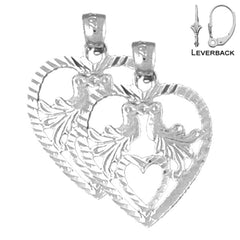 Sterling Silver 25mm Heart With Lovebirds Earrings (White or Yellow Gold Plated)