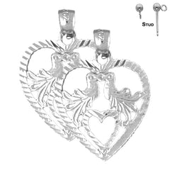 Sterling Silver 25mm Heart With Lovebirds Earrings (White or Yellow Gold Plated)