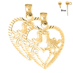 Pendientes de plata de ley con forma de corazón y tortolitos de 25 mm (chapados en oro blanco o amarillo)
