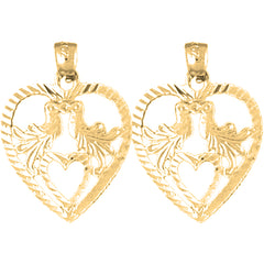 Yellow Gold-plated Silver 25mm Heart With Lovebirds Earrings