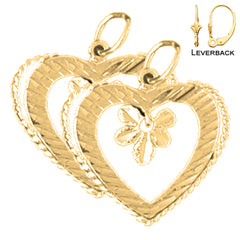 Pendientes de corazón con flor de plata de ley de 21 mm (chapados en oro blanco o amarillo)