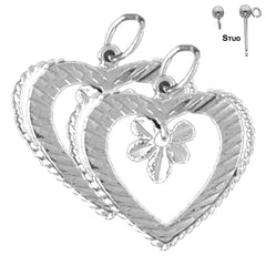 Pendientes de corazón con flor de plata de ley de 21 mm (chapados en oro blanco o amarillo)