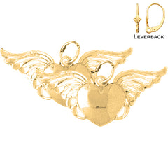 Pendientes de corazón con alas de plata de ley de 15 mm (chapados en oro blanco o amarillo)