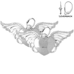 Sterling Silver 15mm Heart With Wings Earrings (White or Yellow Gold Plated)