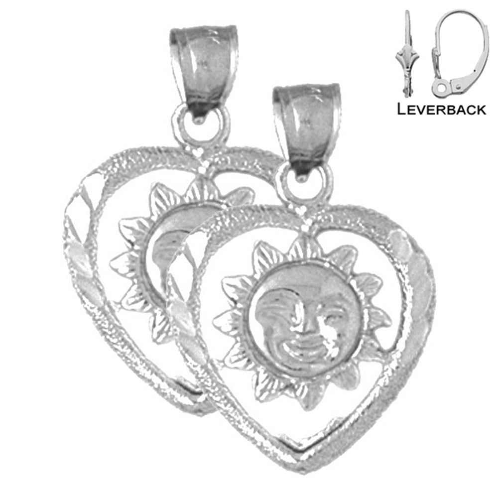 Sterling Silver 23mm Heart With Sun Earrings (White or Yellow Gold Plated)