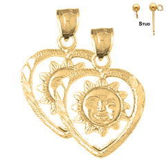 Pendientes de corazón con sol de plata de ley de 23 mm (chapados en oro blanco o amarillo)