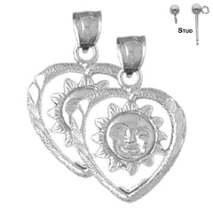 Sterling Silver 23mm Heart With Sun Earrings (White or Yellow Gold Plated)