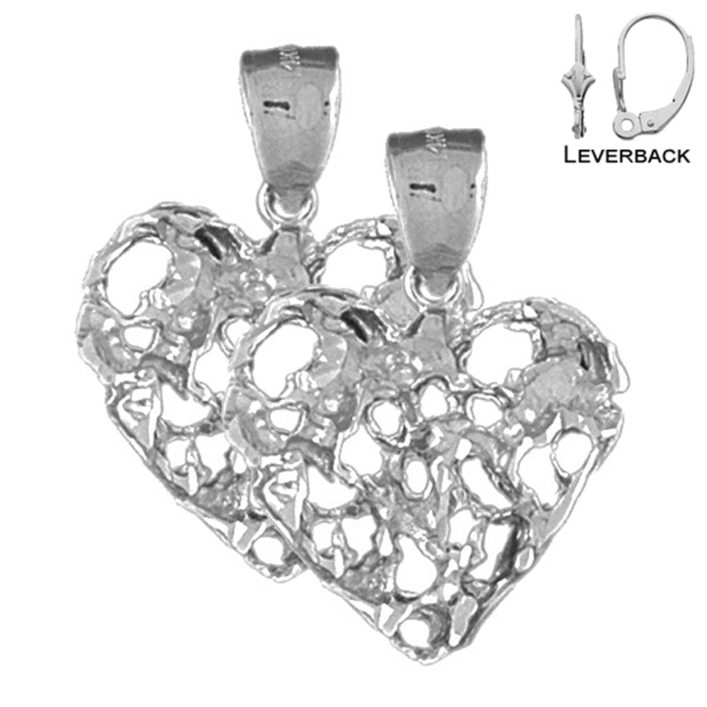 Sterling Silver 28mm Nugget Heart Earrings (White or Yellow Gold Plated)