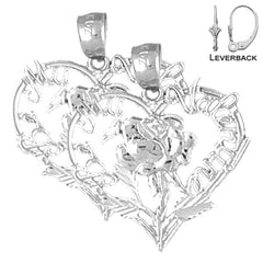 Pendientes de plata de ley con forma de corazón de San Valentín de 21 mm con cupido (chapados en oro blanco o amarillo)