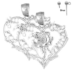 Pendientes de plata de ley con forma de corazón de San Valentín de 21 mm con cupido (chapados en oro blanco o amarillo)