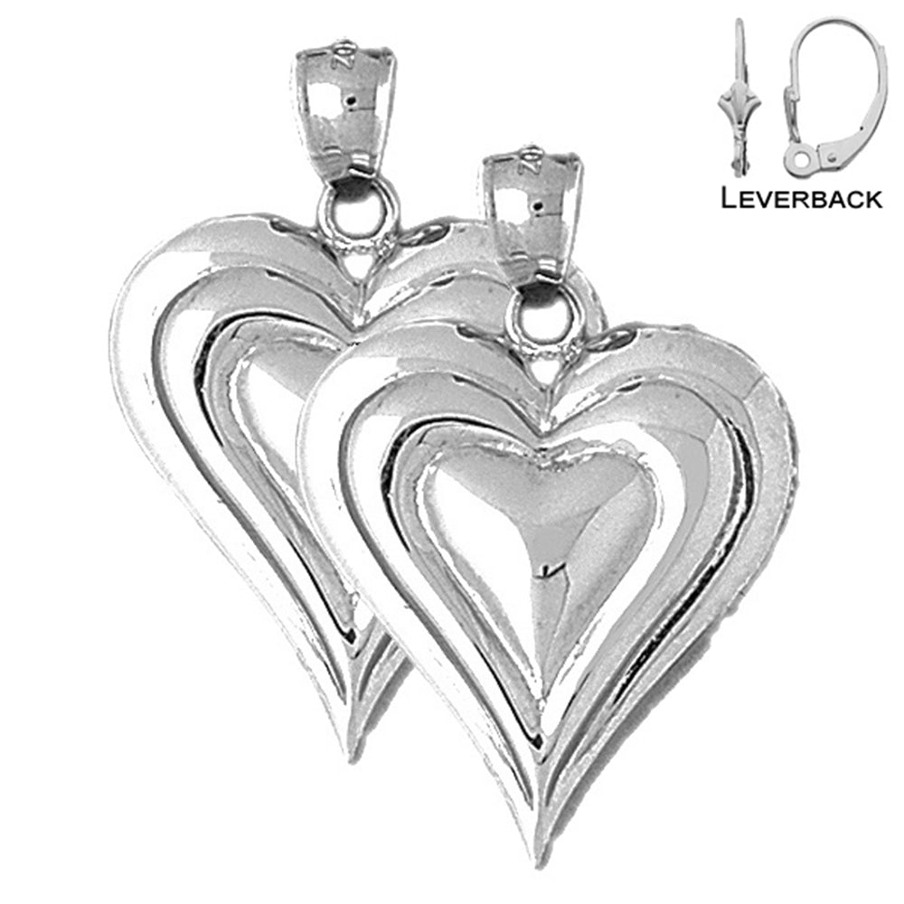 Pendientes de corazón de plata de ley de 31 mm (chapados en oro blanco o amarillo)